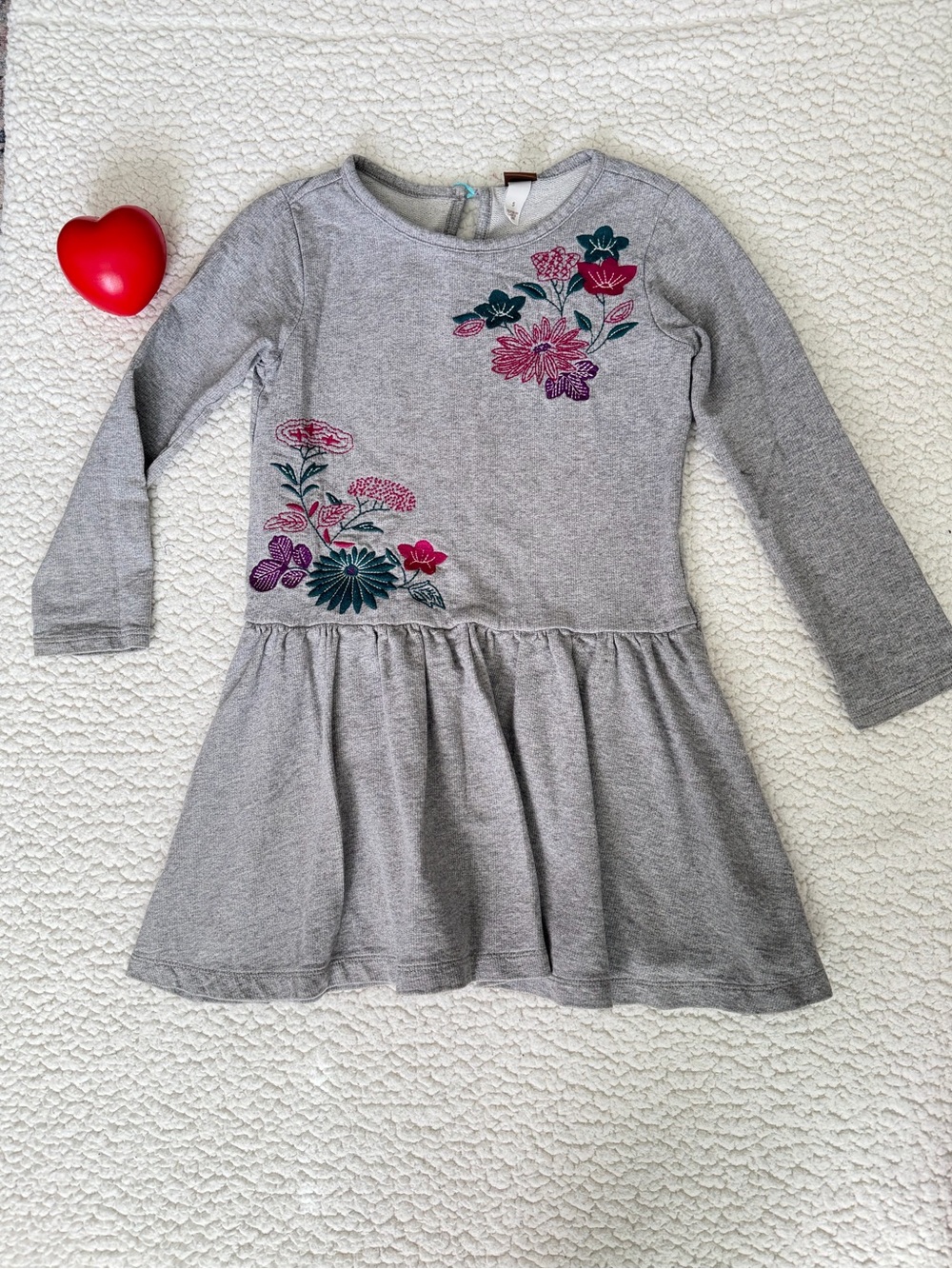Tea Collection Gray Knit Dress with Pink & Teal Floral Embroidery